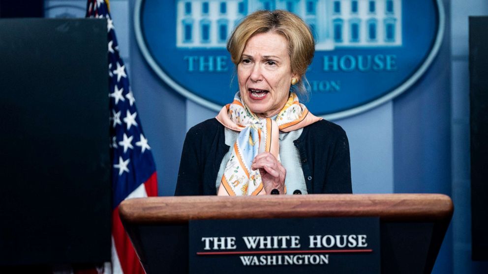 PHOTO: Dr. Deborah Birx, White House coronavirus response coordinator, speaks with President Donald Trump and members of the coronavirus task force during a briefing in the James S. Brady Press Briefing Room at the White House, April 23, 2020.