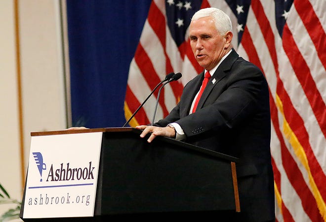 Former Vice President Mike Pence speaks in Ashland Friday at the 34th Ashbrook Memorial Dinner.