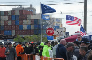 Shipping containers were stacked high at the Newark port complex on Tuesday.