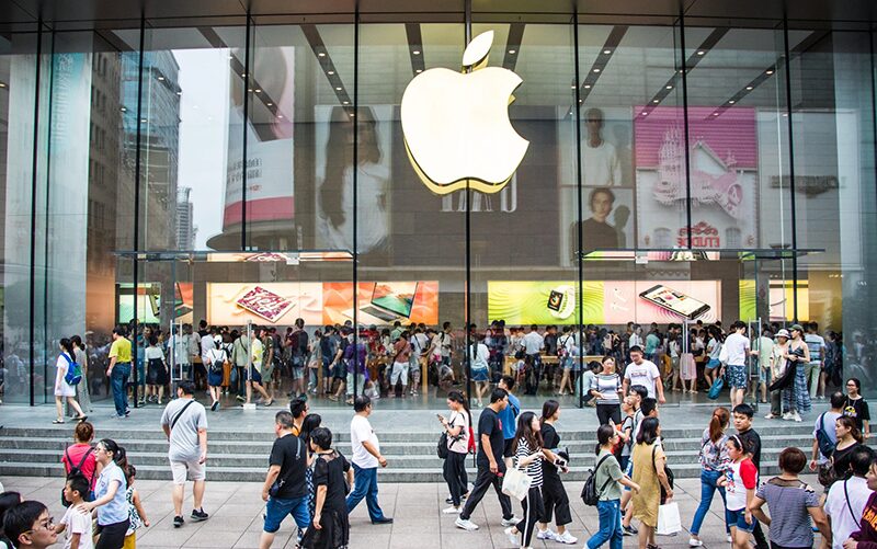 The Nanjing East Road Apple outlet, its flagship shop in Shanghai Credit: Madeleine Jettre/Al