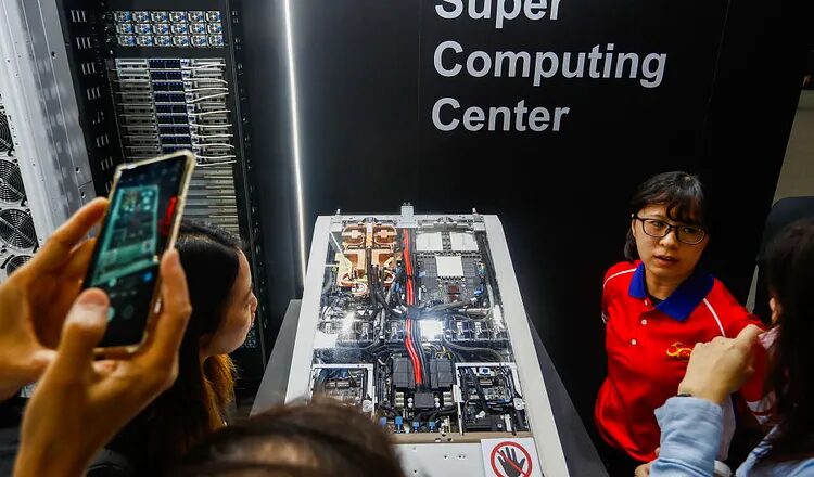 A supercomputing center featuring Nvidia technology is displayed during Hon Hai (Foxconn) Tech Day in Taipei on October 9, 2024. (Daniel Ceng/Anadolu via Getty Images)