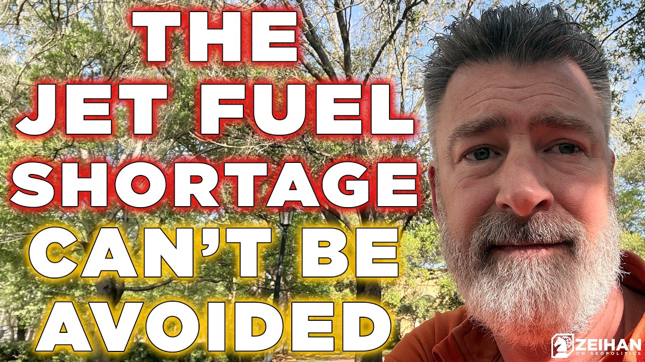Man with a gray beard outdoors on the right, overlaid with bold white text: 'THE JET FUEL SHORTAGE CAN'T BE AVOIDED'.