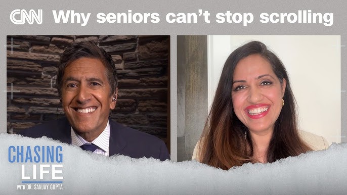 Thumbnail for CNN segment 'Why seniors can’t stop scrolling' showing two hosts in split-screen frames, left man smiling, right woman smiling.