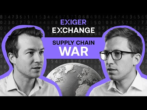 Thumbnail with two men facing each other, a globe between them, purple border, and the words 'Exiger Exchange' and 'Supply Chain War' indicating a discussion about supply chain warfare.