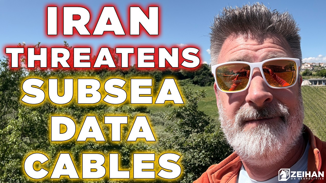 Video thumbnail announcing 'Iran Threatens Subsea Data Cables' with a man in sunglasses in the foreground and a sunny landscape behind him.