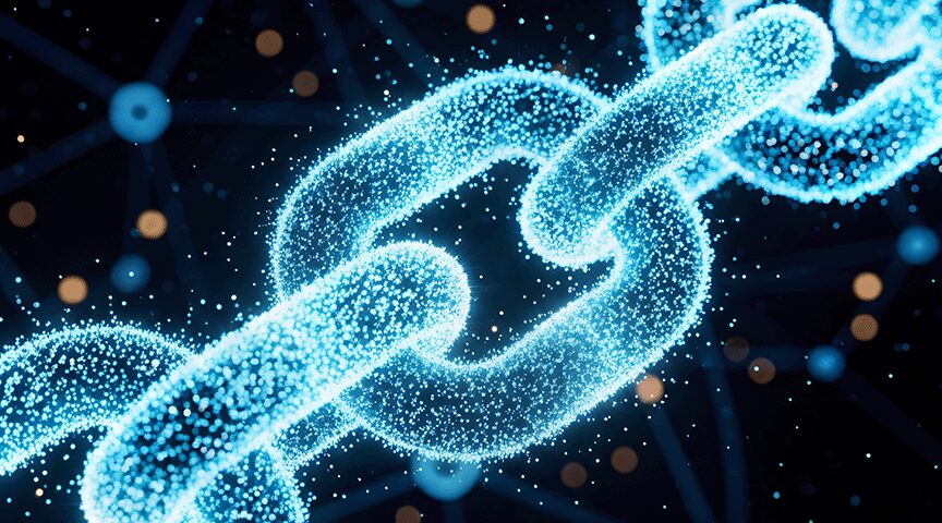 Close-up of a glowing blue chain link symbolizing blockchain technology against a dark network background.