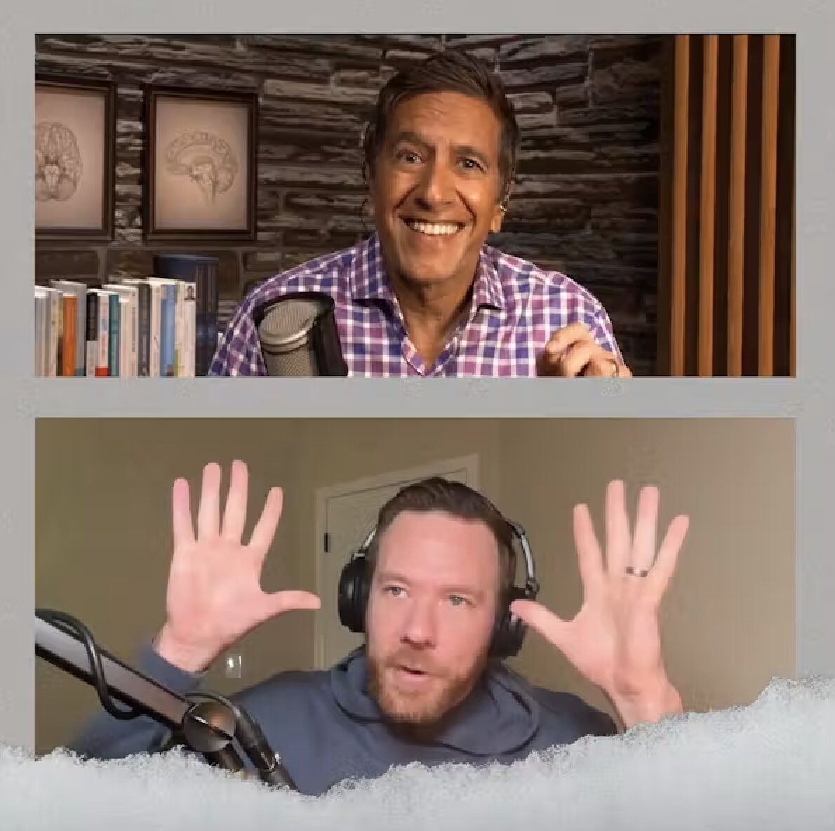 Two men appear in a split-screen video call: top man in a purple plaid shirt smiles at the camera with a microphone nearby; bottom man wears headphones and raises both hands as if making a point.