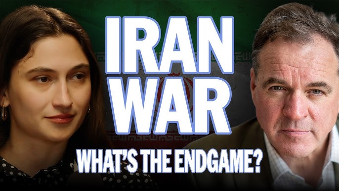 YouTube-style thumbnail showing a woman on the left and a man on the right with bold white text 'IRAN WAR' and 'WHAT'S THE ENDGAME?'.