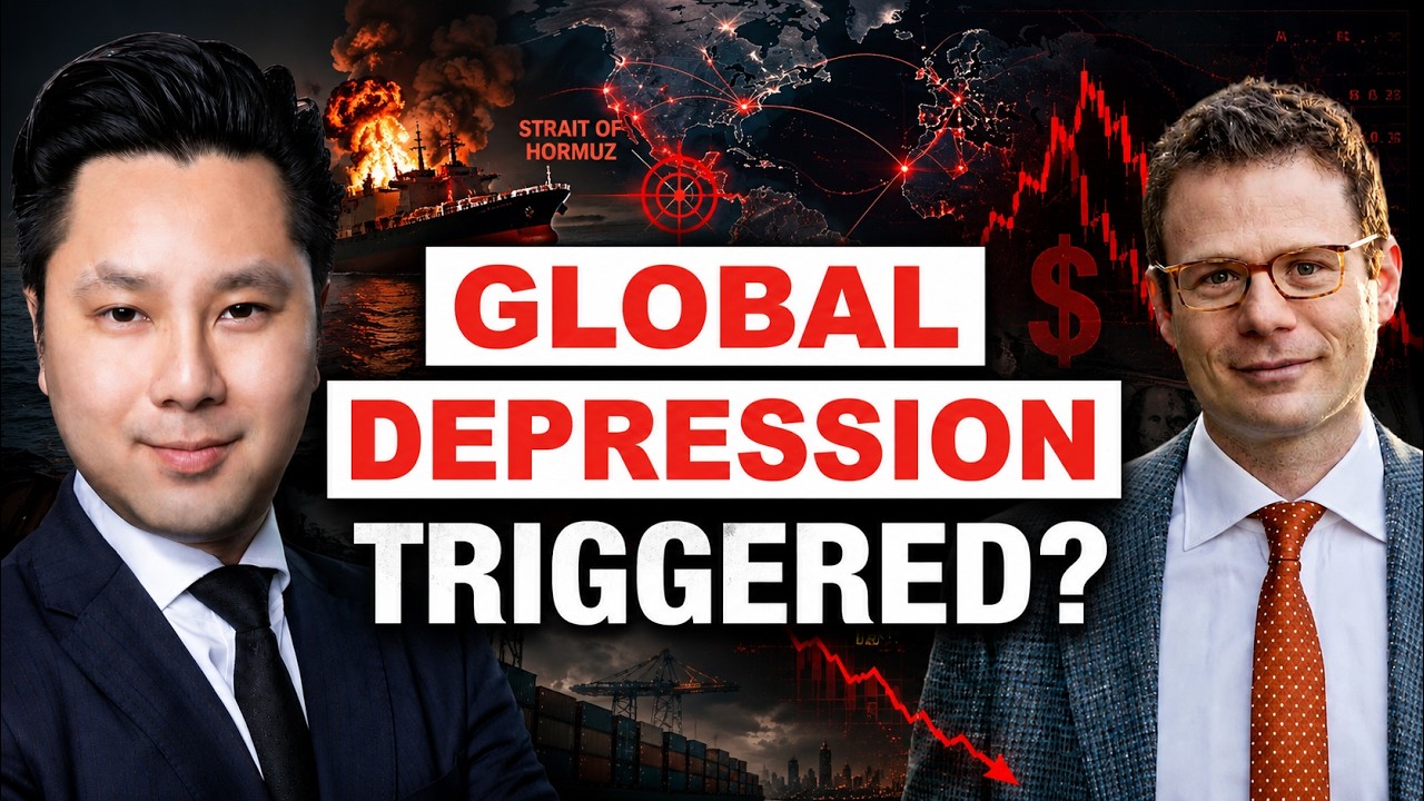 Two men in suits on a dark finance-themed thumbnail with the bold title 'GLOBAL DEPRESSION TRIGGERED?' between them.