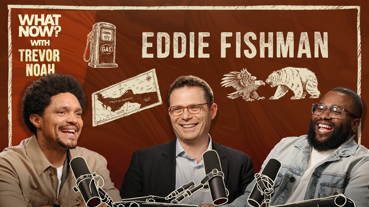 Podcast banner for 'What Now? with Trevor Noah' featuring Eddie Fishman, three hosts smiling into studio microphones against a red-brown backdrop