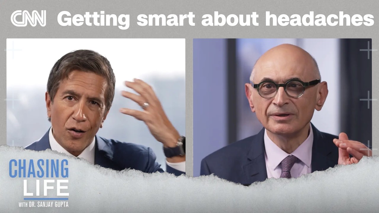 Split-screen thumbnail for CNN's 'Getting smart about headaches' featuring two men in suits; 'Chasing Life with Dr. Sanjay Gupta' logo at bottom left.