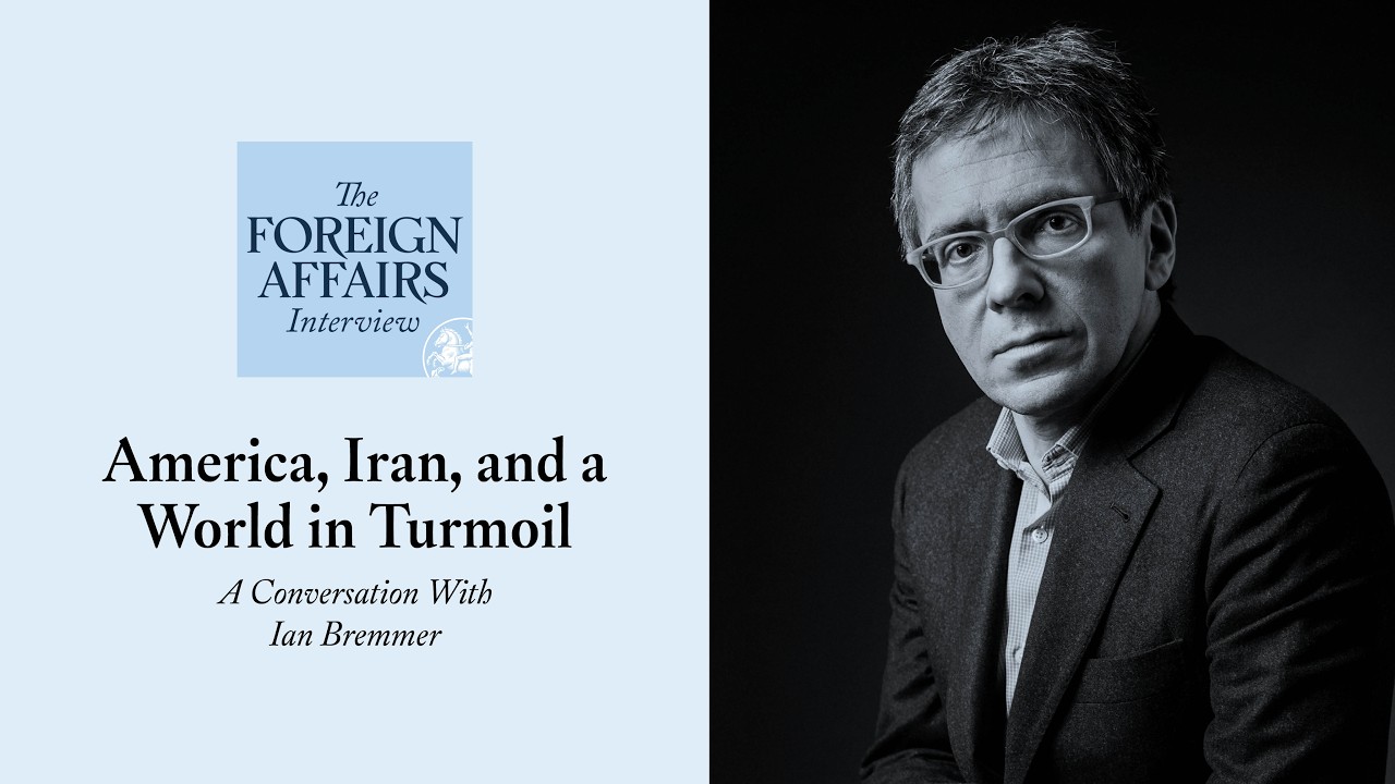 Cover art for The Foreign Affairs Interview: left light-blue panel with the logo and title 'America, Iran, and a World in Turmoil'; right a black-and-white portrait of a man in a suit.