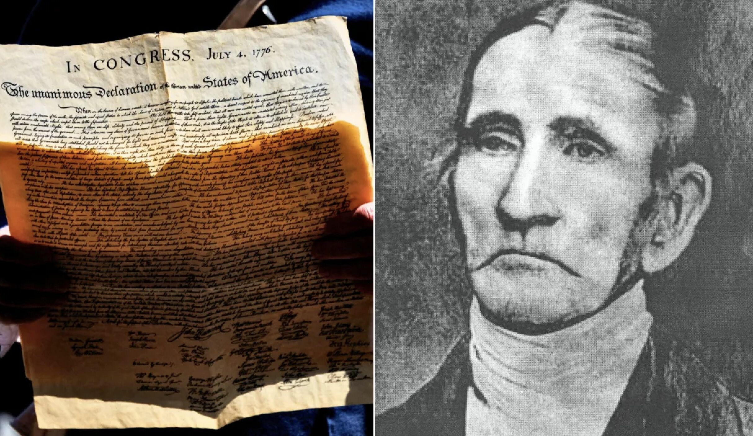 Left: a held parchment reading 'In CONGRESS. July 4, 1776' (Declaration of Independence) with dense handwritten text; right: grayscale portrait of a gentleman in a high-collared shirt.