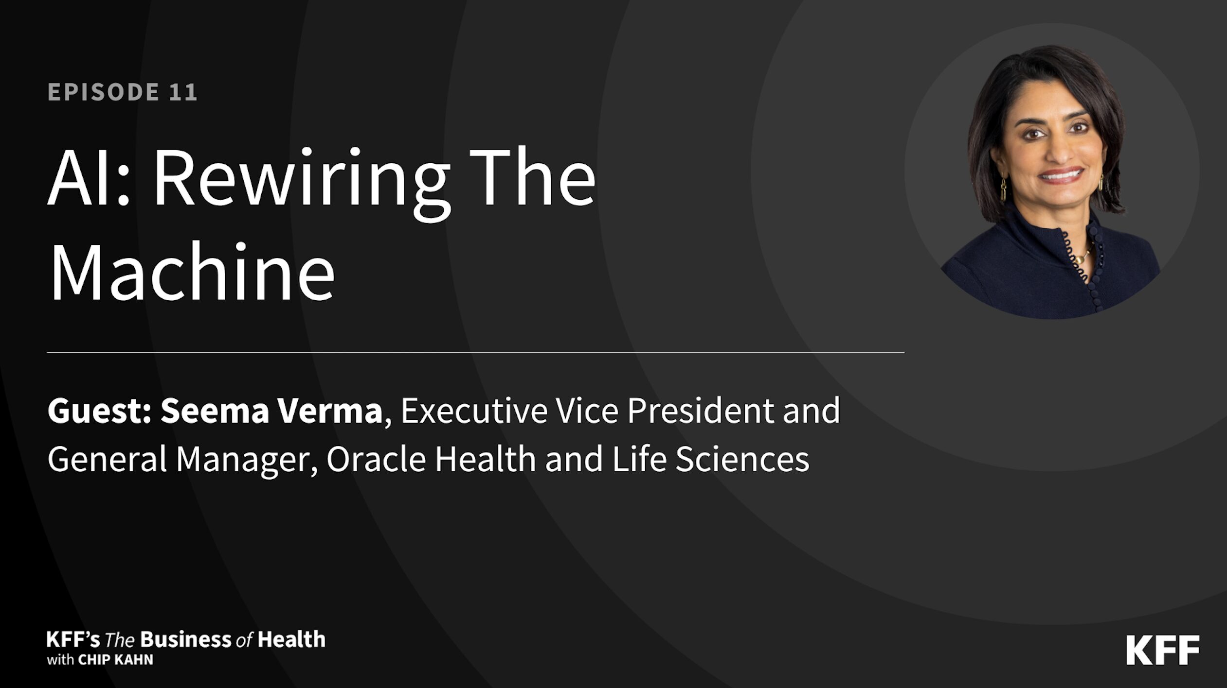 Episode banner for 'AI: Rewiring The Machine' — Episode 11, featuring Seema Verma as guest, with a circular headshot on the right and KFF branding at the bottom left.