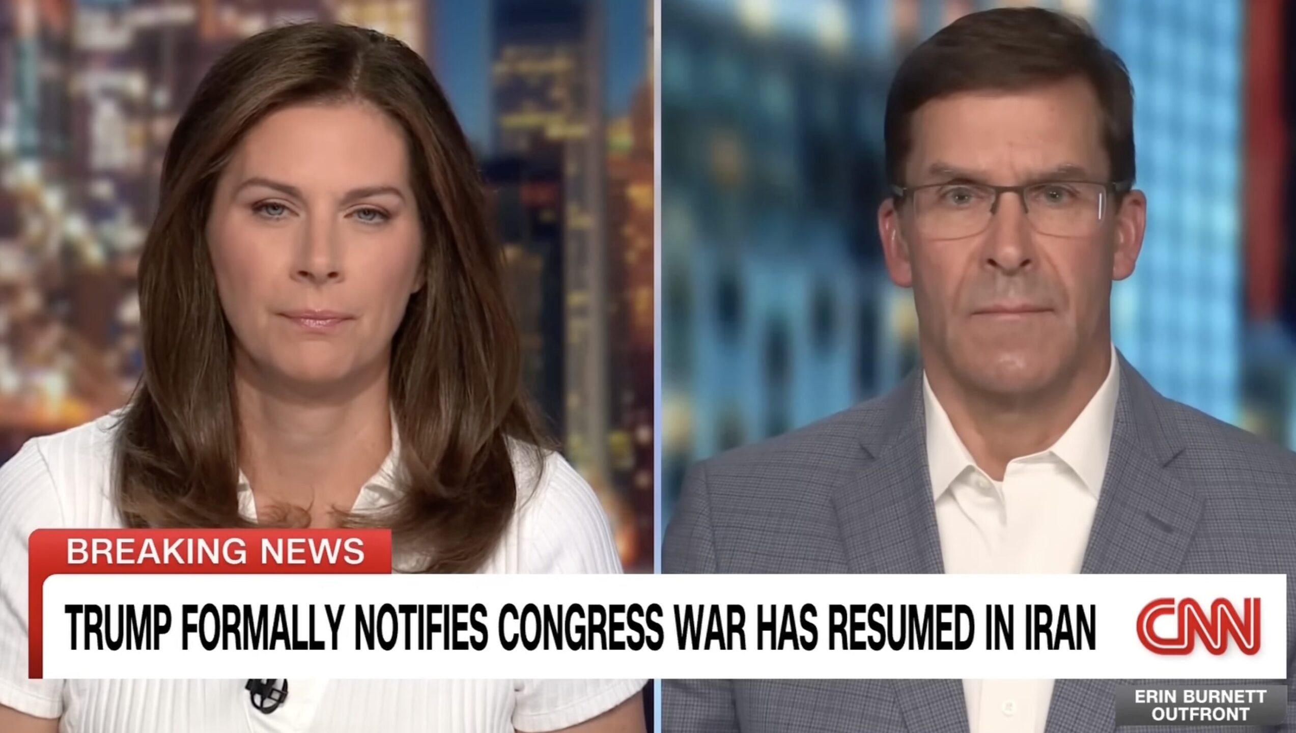 Split-screen CNN news broadcast with a female anchor on the left and a male anchor on the right; red 'BREAKING NEWS' banner and a headline about Trump and Iran.