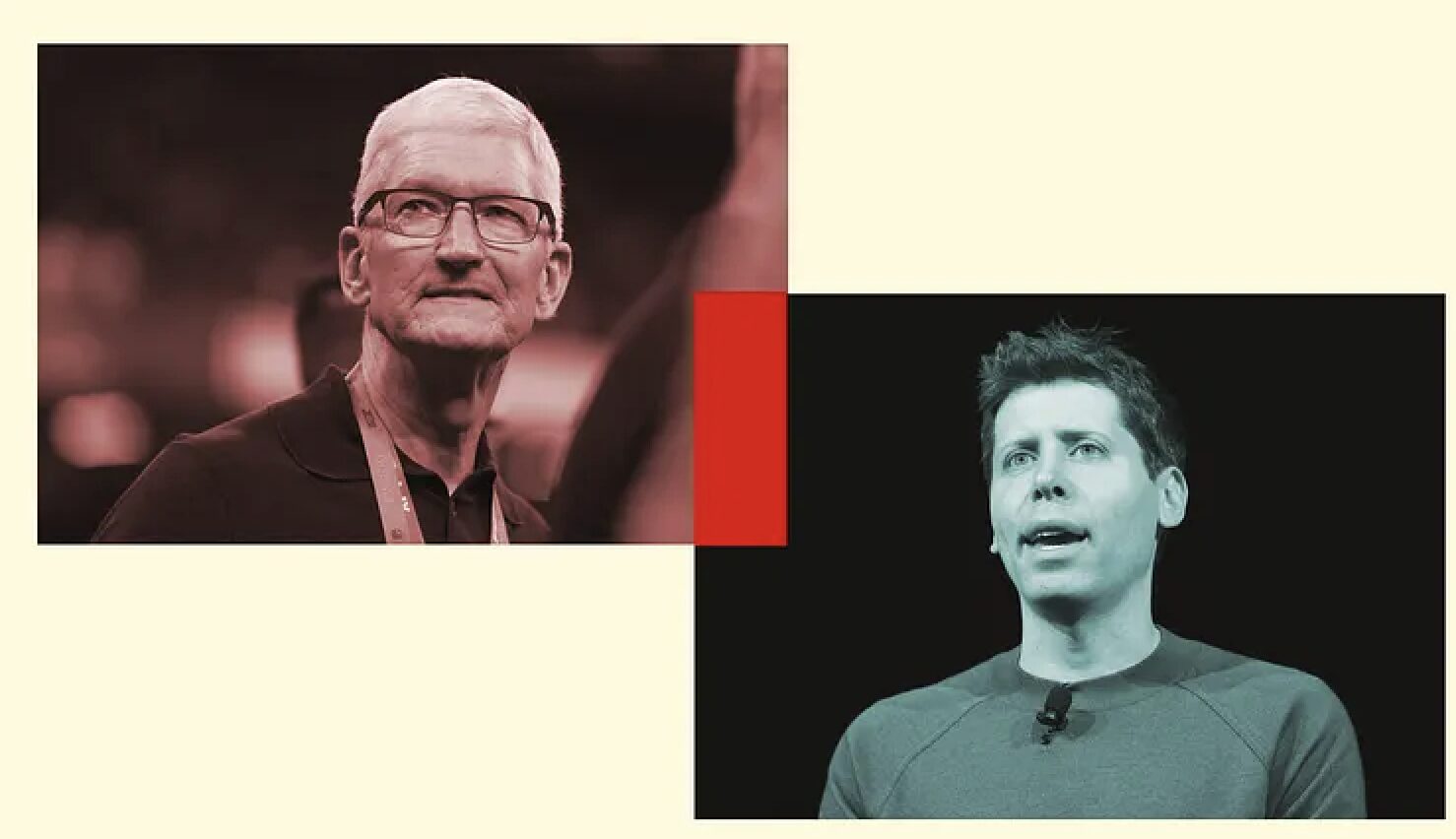 Split-screen layout with two speakers: an older man with glasses on the left and a younger man speaking on the right, separated by a vertical red bar.
