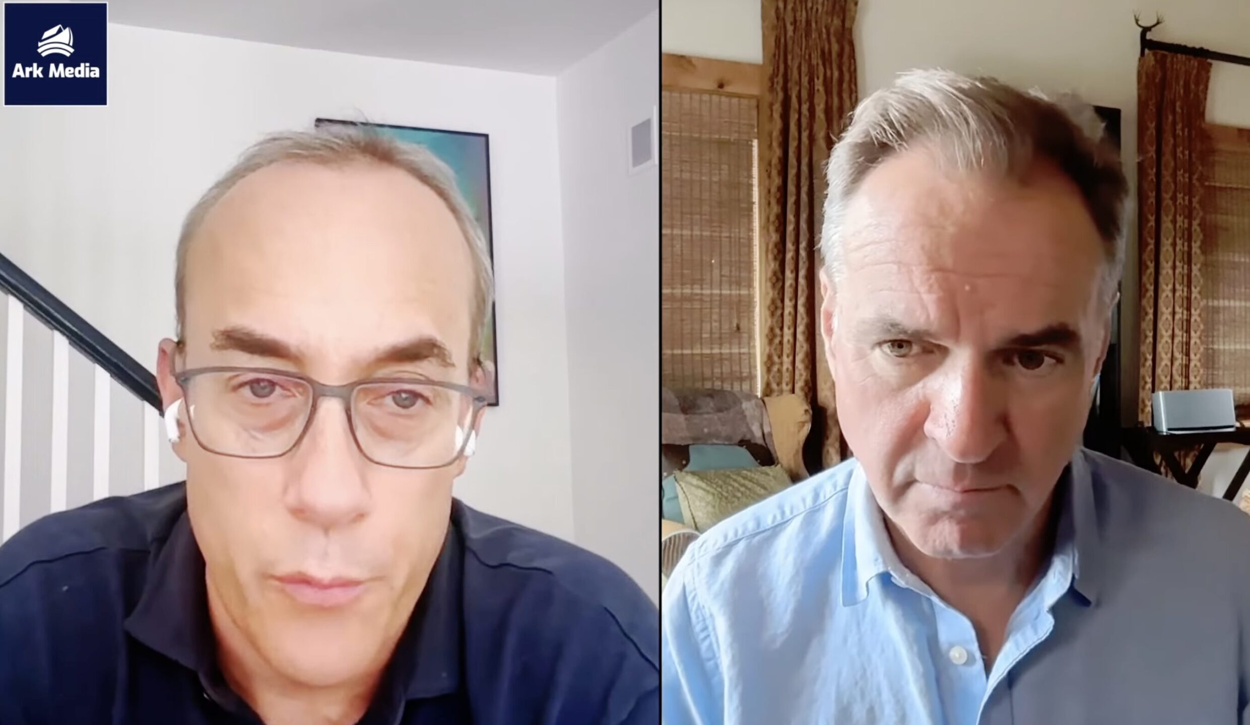 Two men appear in a split-screen video call; left man wears glasses and AirPods, right man wears a light blue shirt in a room with curtains; Ark Media logo in top-left.