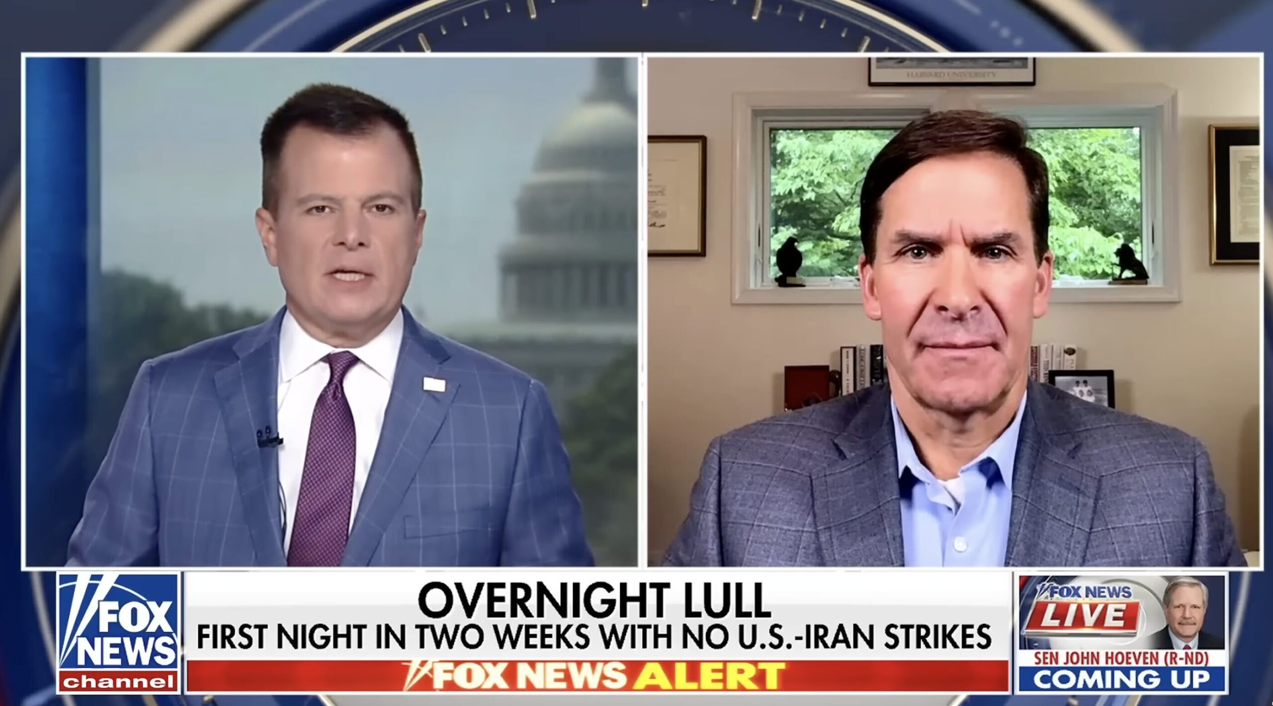 Split-screen Fox News interview: left anchor in blue plaid suit with purple tie, right guest in gray suit in a home office; bottom ticker mentions overnight lull and U.S.–Iran strikes.