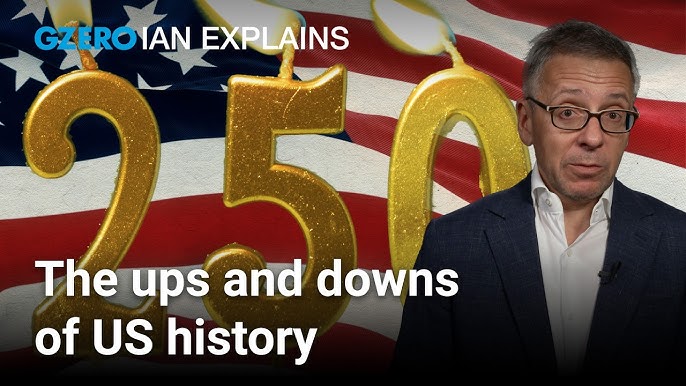 Thumbnail image: a man in a suit on the right, giant gold '250' balloons over a waving US flag, with the title 
