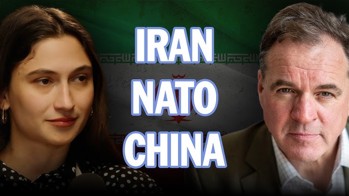 Video thumbnail showing a woman on the left and a man on the right, with bold 'IRAN NATO CHINA' text over a flag background.
