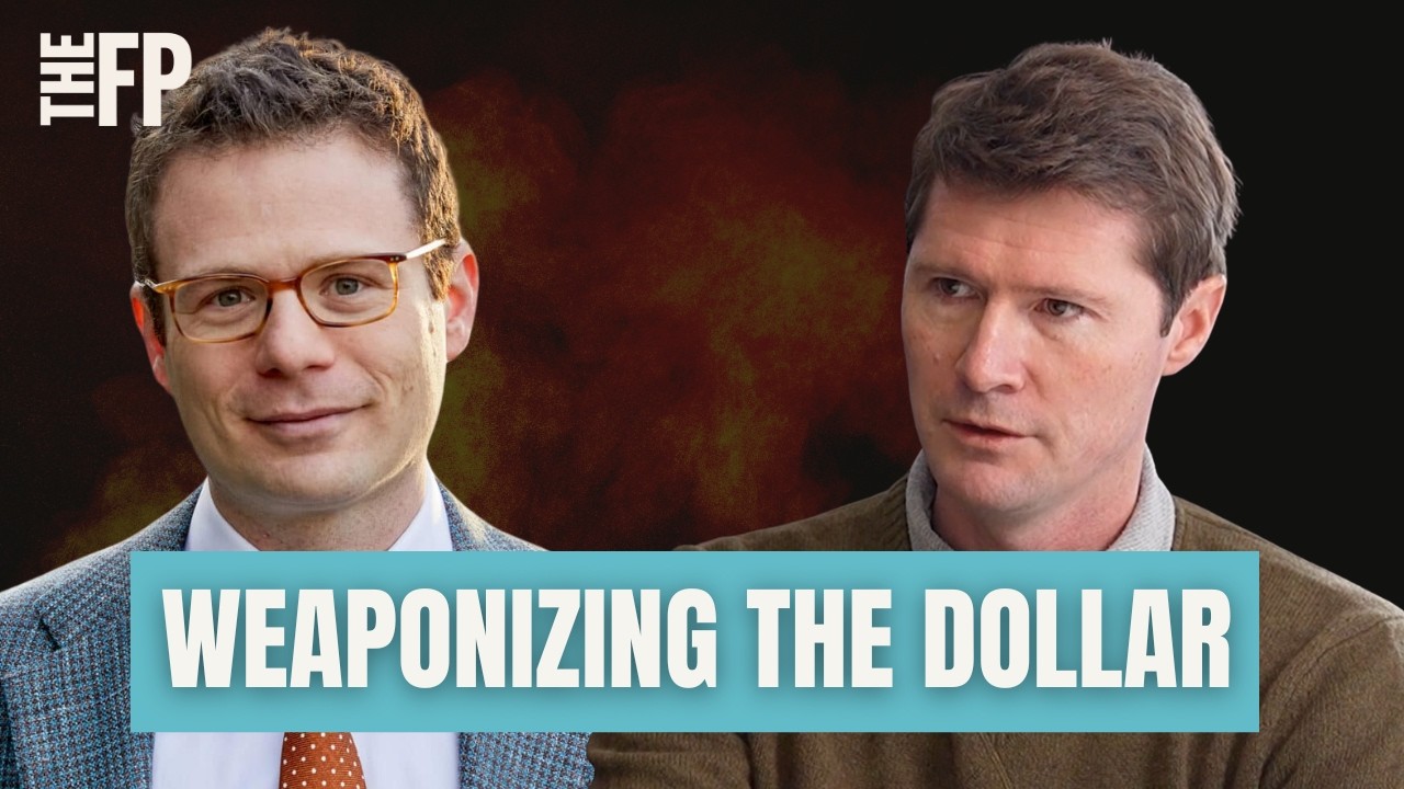 Two men in business attire on a dark background, with a teal banner reading 'WEAPONIZING THE DOLLAR' across the bottom.