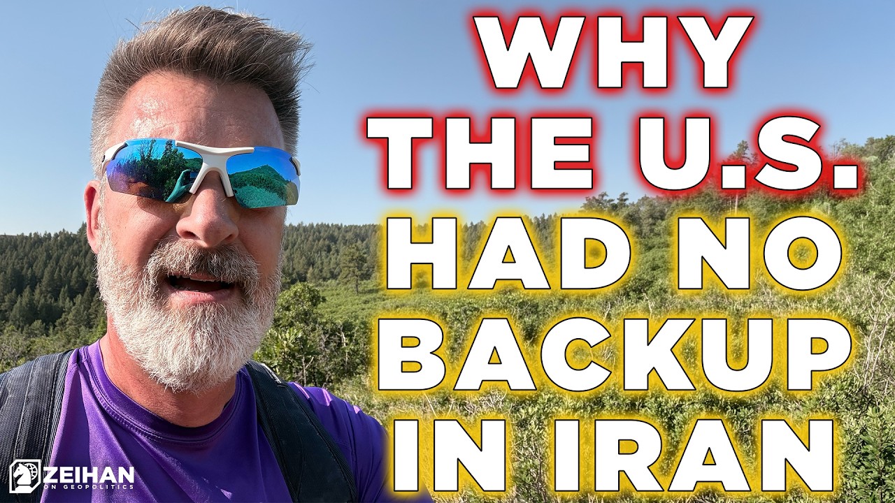 Thumbnail of a man with white beard wearing purple shirt and sunglasses outdoors, with bold yellow text: 'WHY THE U.S. HAD NO BACKUP IN IRAN' (YouTube thumbnail).