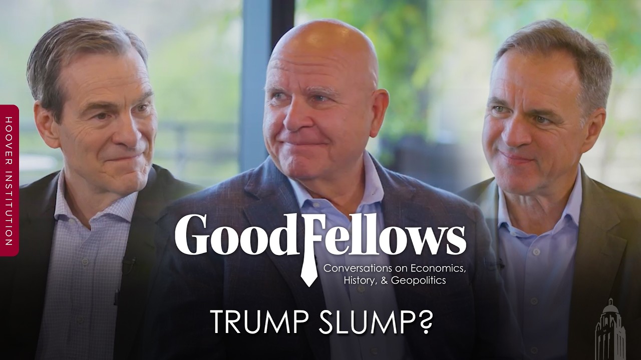 Three men in suits smiling, with a GoodFellows title and 'TRUMP SLUMP?' on a video thumbnail.