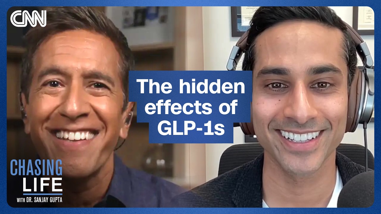 Thumbnail for a CNN video podcast showing two smiling men in a split-screen style; left wears dark shirt, right wears headphones. Center blue banner reads 'The hidden effects of GLP-1s'; bottom-left shows 'Chasing Life with Dr. Sanjay Gupta'.