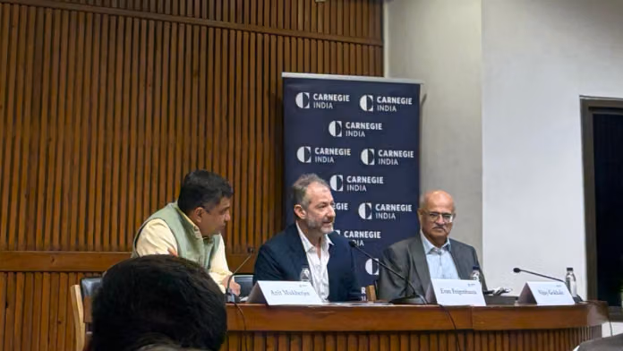 Former US State Department official Evan Feigenbaum centre and Indias former foreign secretary Vijay Gokhale right in New Delhi Wednesday