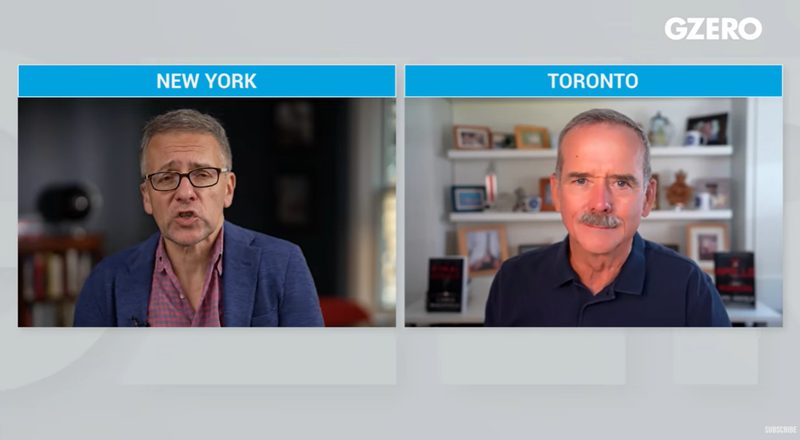 Split-screen video: two men speaking from New York (left) and Toronto (right) with GZERO logo above.