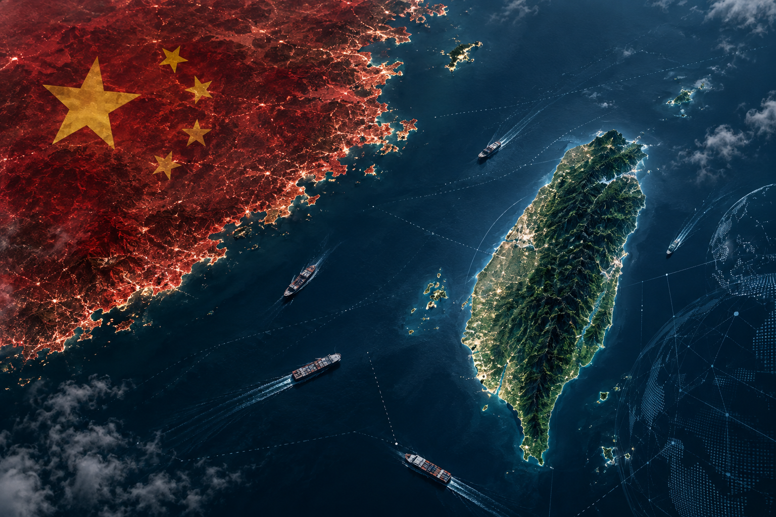 Map-style artwork showing China's red mainland with a large yellow star overlay and Taiwan island, with cargo ships and sea routes across the Taiwan Strait.