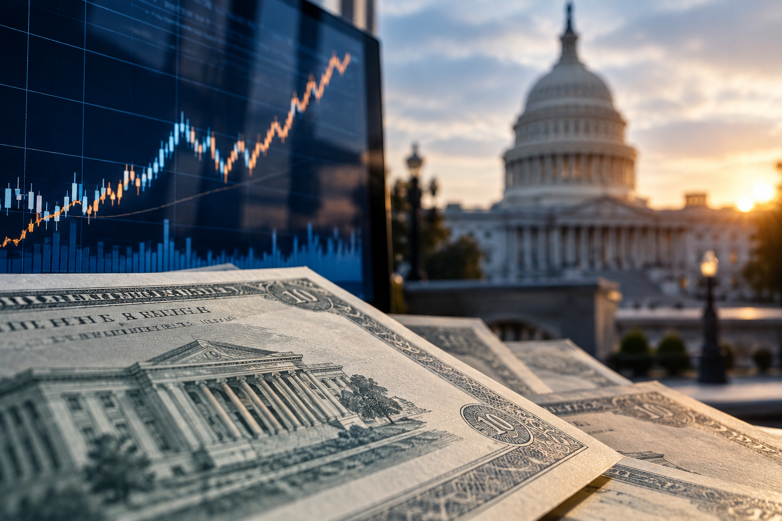 Close-up of dollar bills with a financial chart on a screen and the Capitol in the distance at sunset.