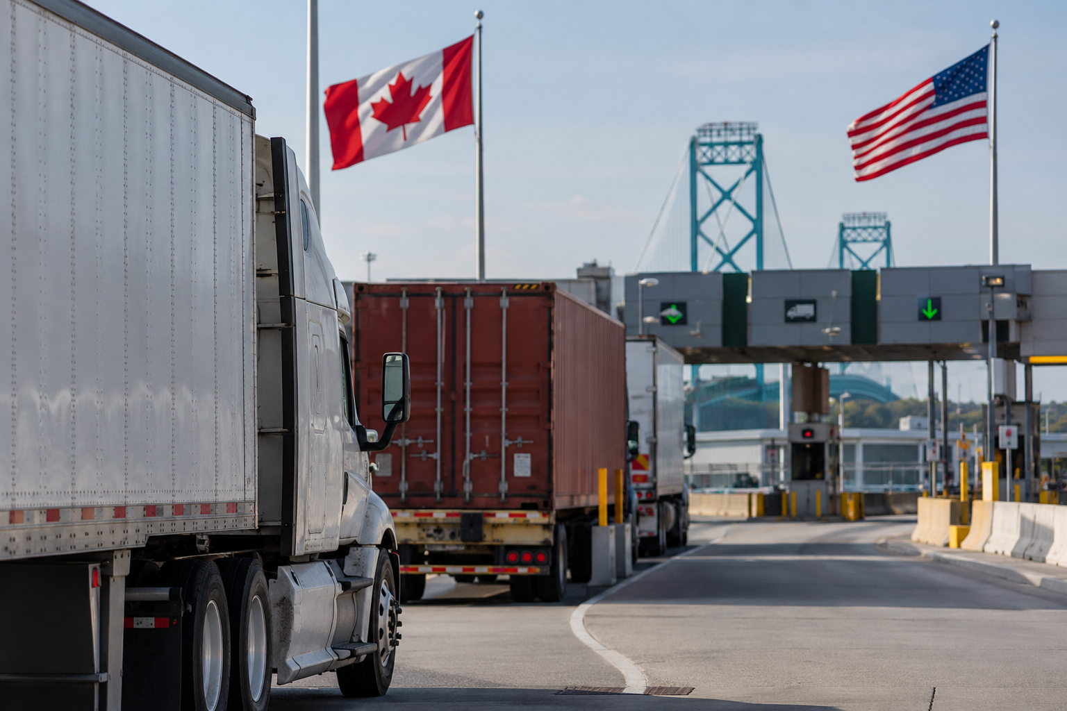 Line of semi-trailers at a toll plaza under a blue sky, with Canadian and American flags and a blue suspension bridge in the background.
