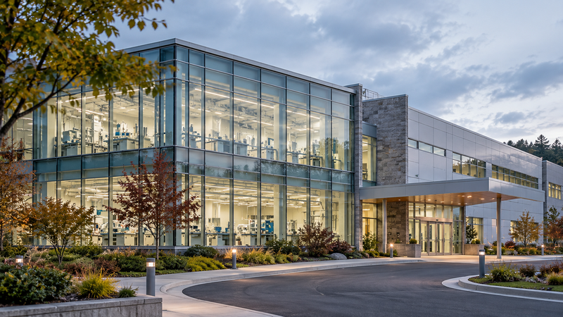 Modern glass-front office building with visible interior workspaces, framed by trees and a curved driveway outside.